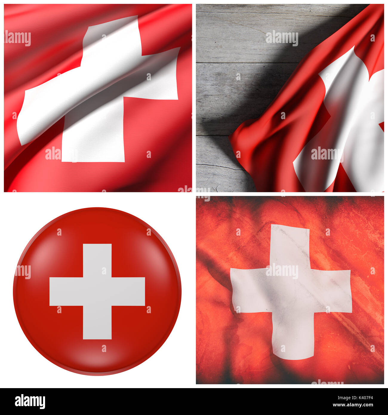 3d rendering of a composition of four Switzerland flags Stock Photo