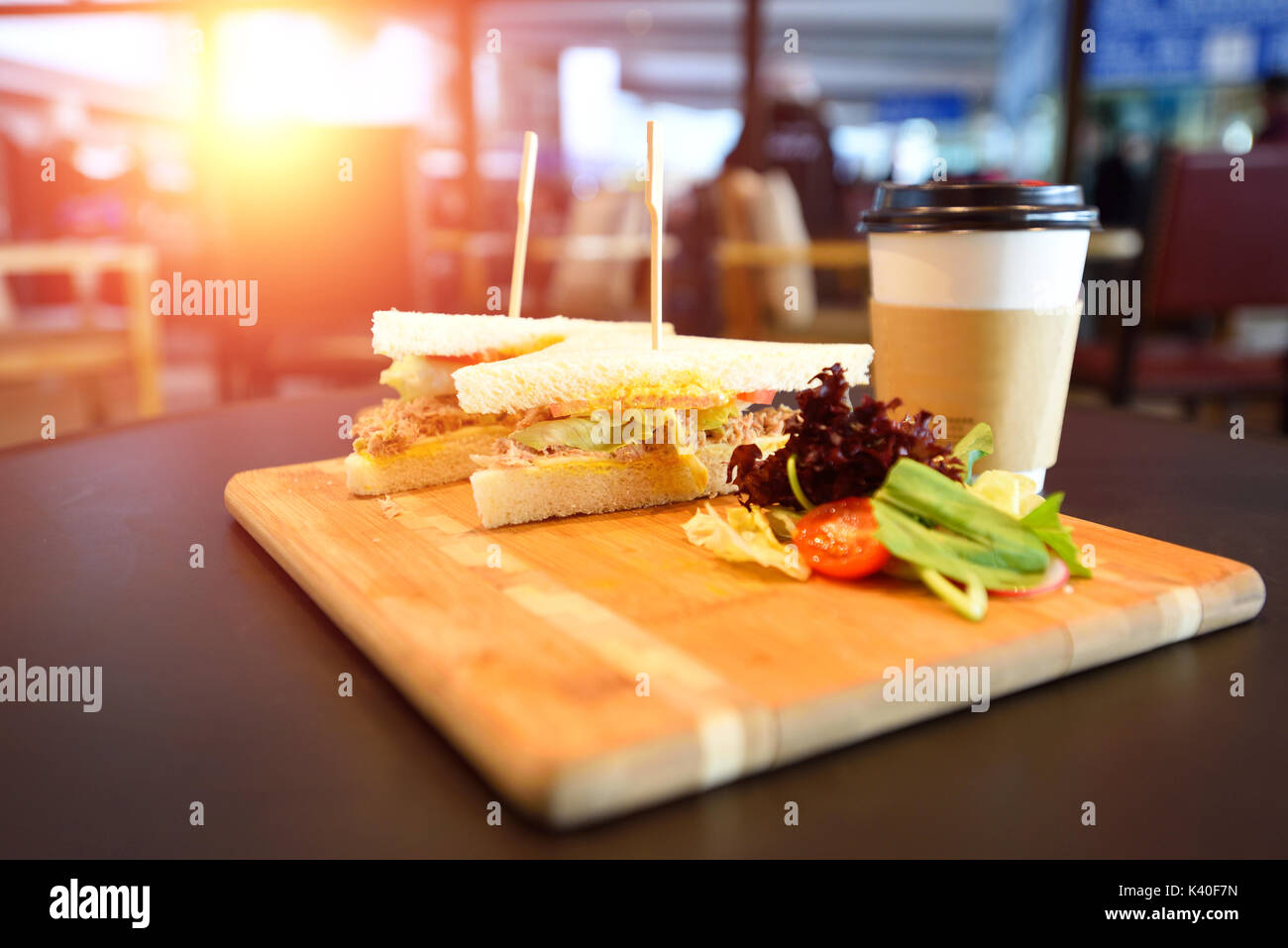 Sandwich and coffee in a coffeehouse of airport. Stock Photo