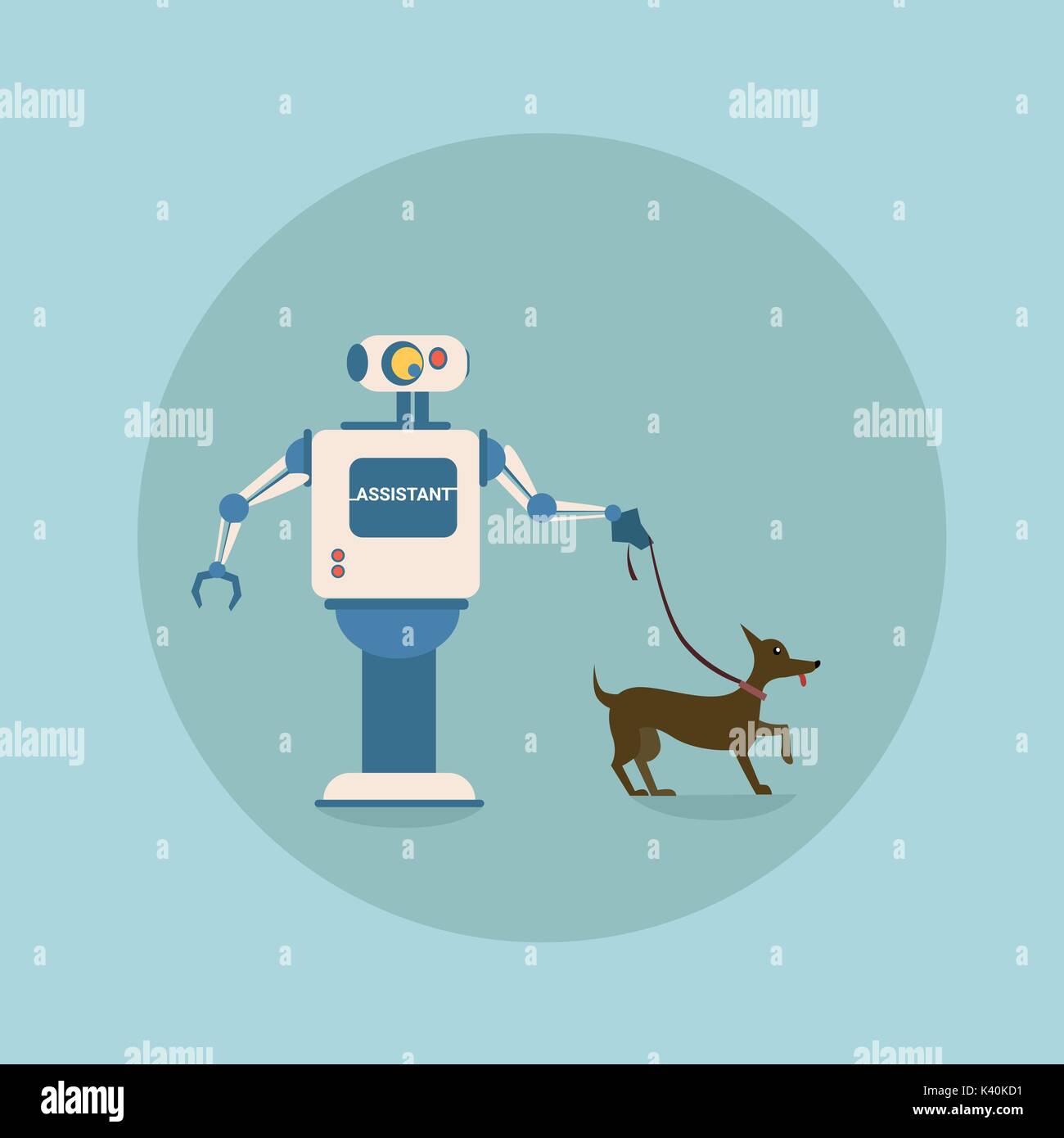 Modern Robot Walking With Dog Futuristic Artificial Intelligence Mechanism Technology Stock Vector
