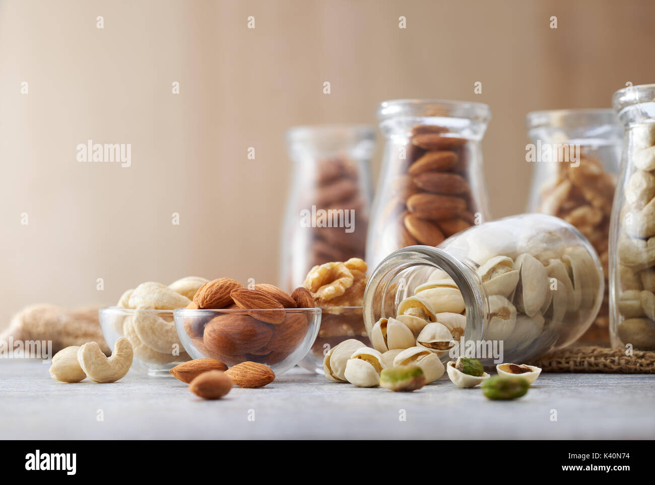 Healthy nuts on wooden background Stock Photo