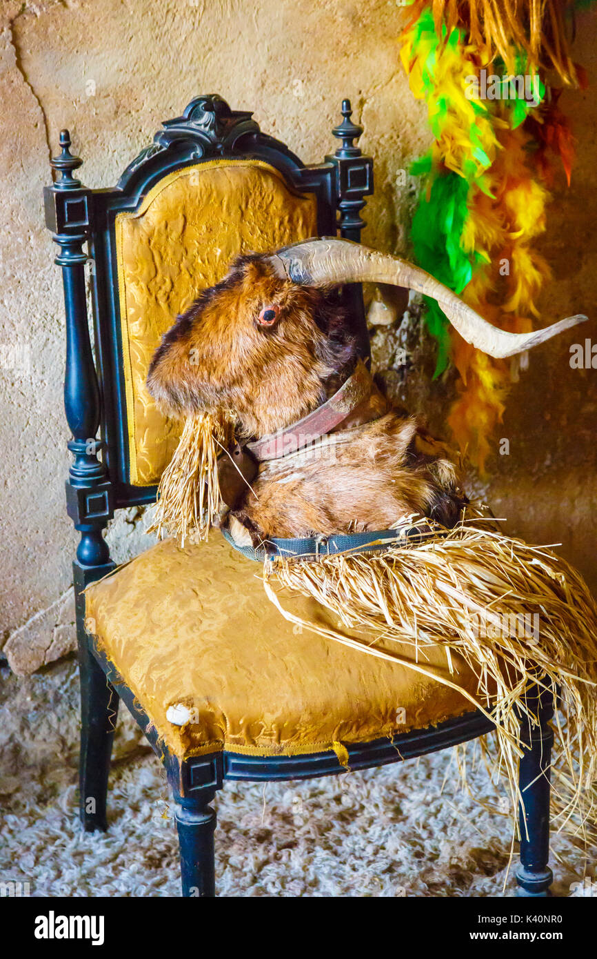 He-goat head on a chair. Witchery Week 2016. Bargota, Navarre, Spain, Europe. Stock Photo