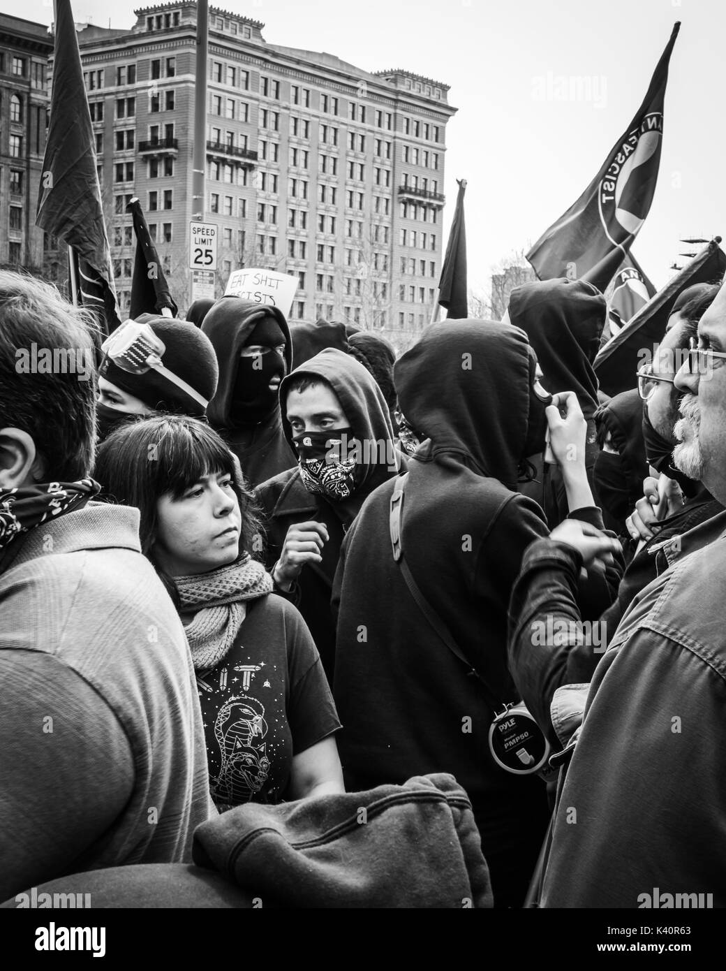 Hundreds of Antifascist protesters take over Downtown Philadelphia to rout a group of White Nationalists at Pro-Trump rally in late March, 2017. Stock Photo