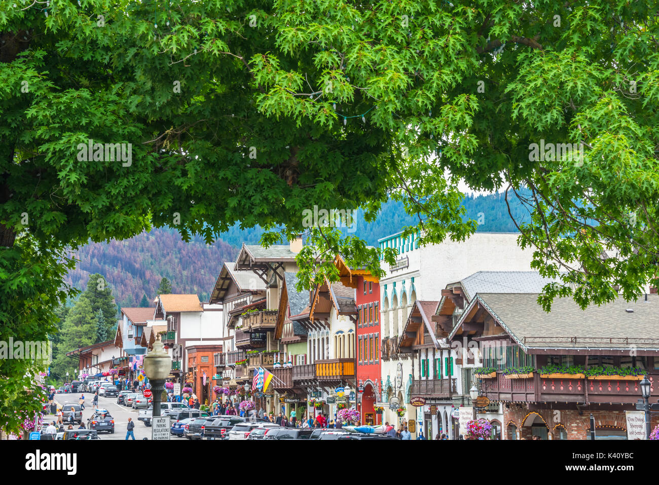 Tourist Bavarian Village Leavenworth  Washington Street Scene Stock Photo