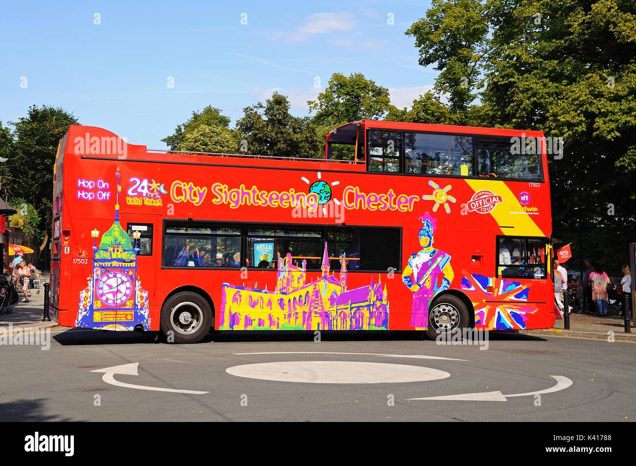 Tour bus on the roundabout at the bottom of Souter's Lane, Chester, Cheshire, England, UK, Western Europe. Stock Photo