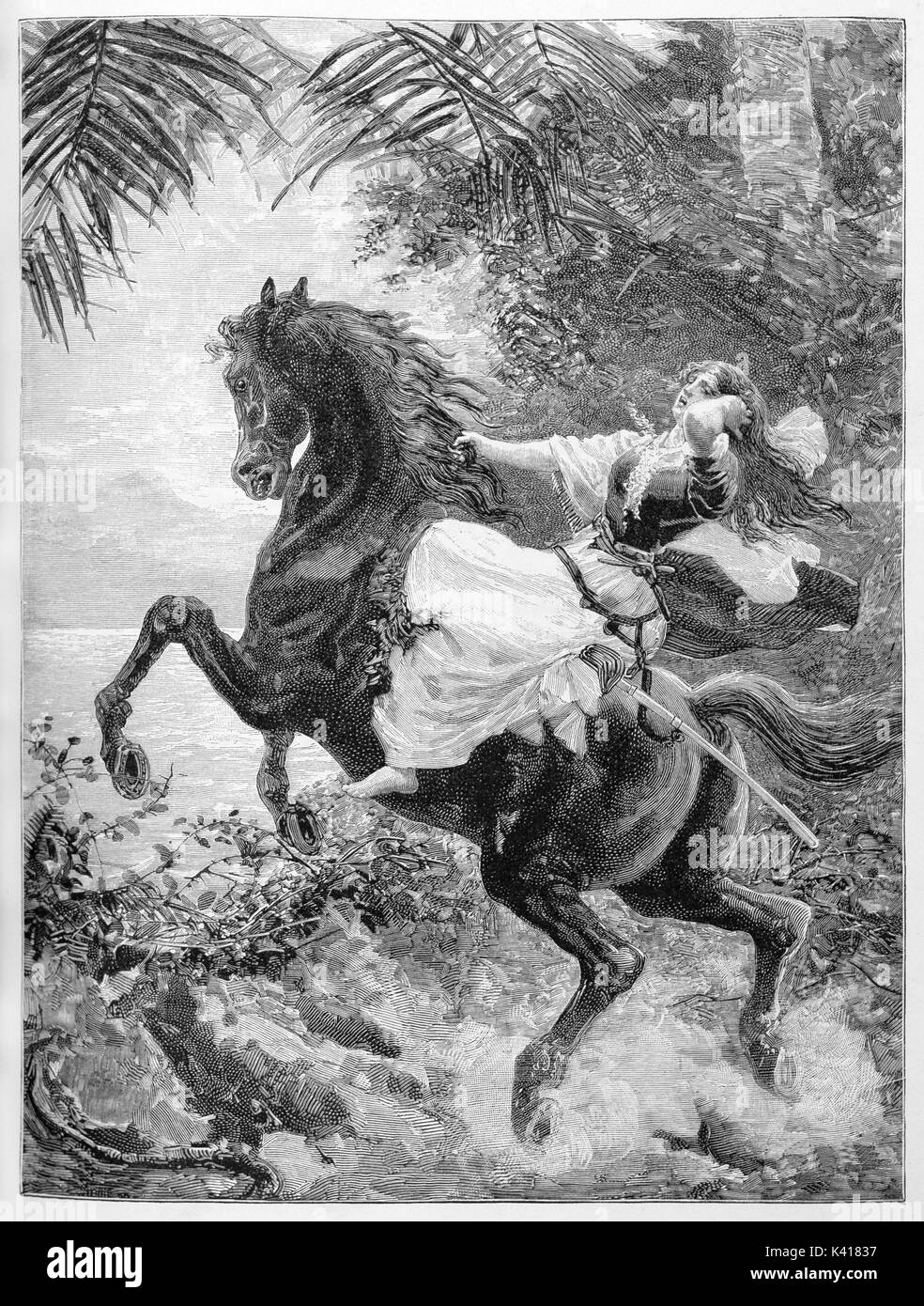 Ancient strong woman riding a prancing black horse. Anita Garibaldi horseback fording a river. By E. Matania published on Garibaldi e i Suoi Tempi Milan Italy 1884 Stock Photo
