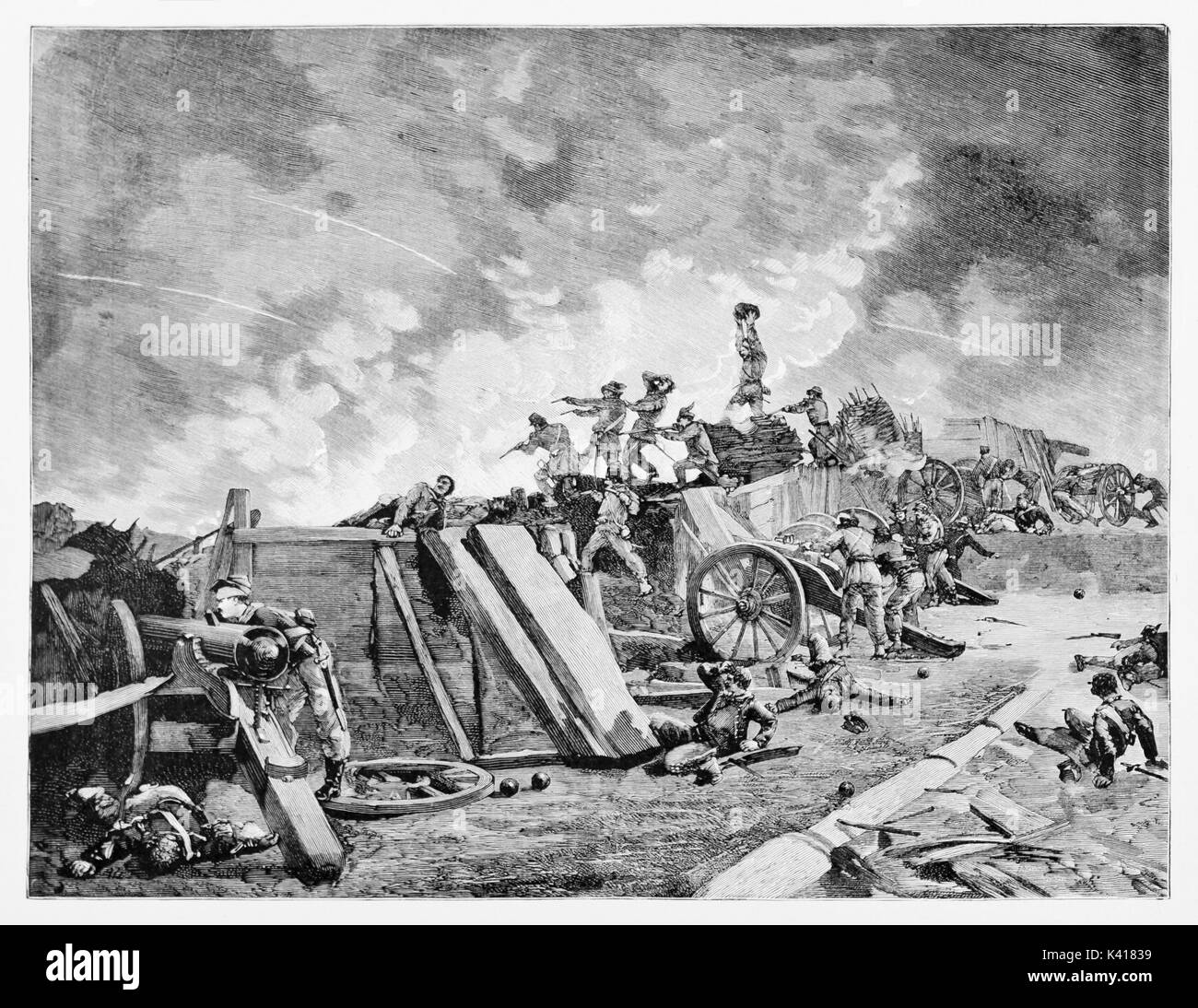 Ancient war situation with soldiers fighting on a barricade. Roman artillery battery fighting against French army in Rome, 1849. By E. Matania published on Garibaldi e i Suoi Tempi Milan Italy 1884 Stock Photo