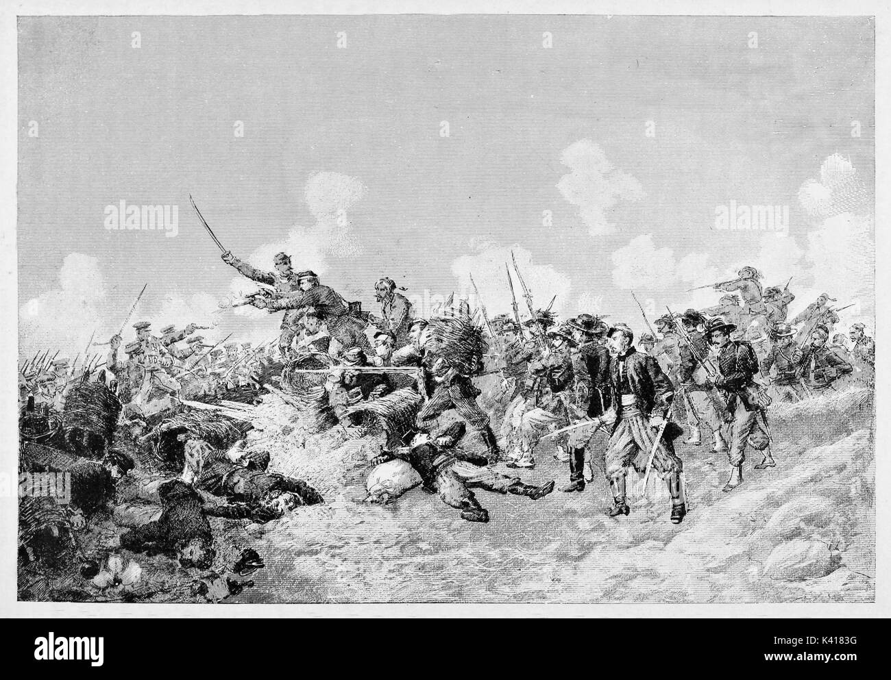 Ancient soldiers fighting on battlefield using swords and bayonets. Battle of Malakoff during Crimean war 1855. By E. Matania published on Garibaldi e i Suoi Tempi Milan Italy 1884 Stock Photo