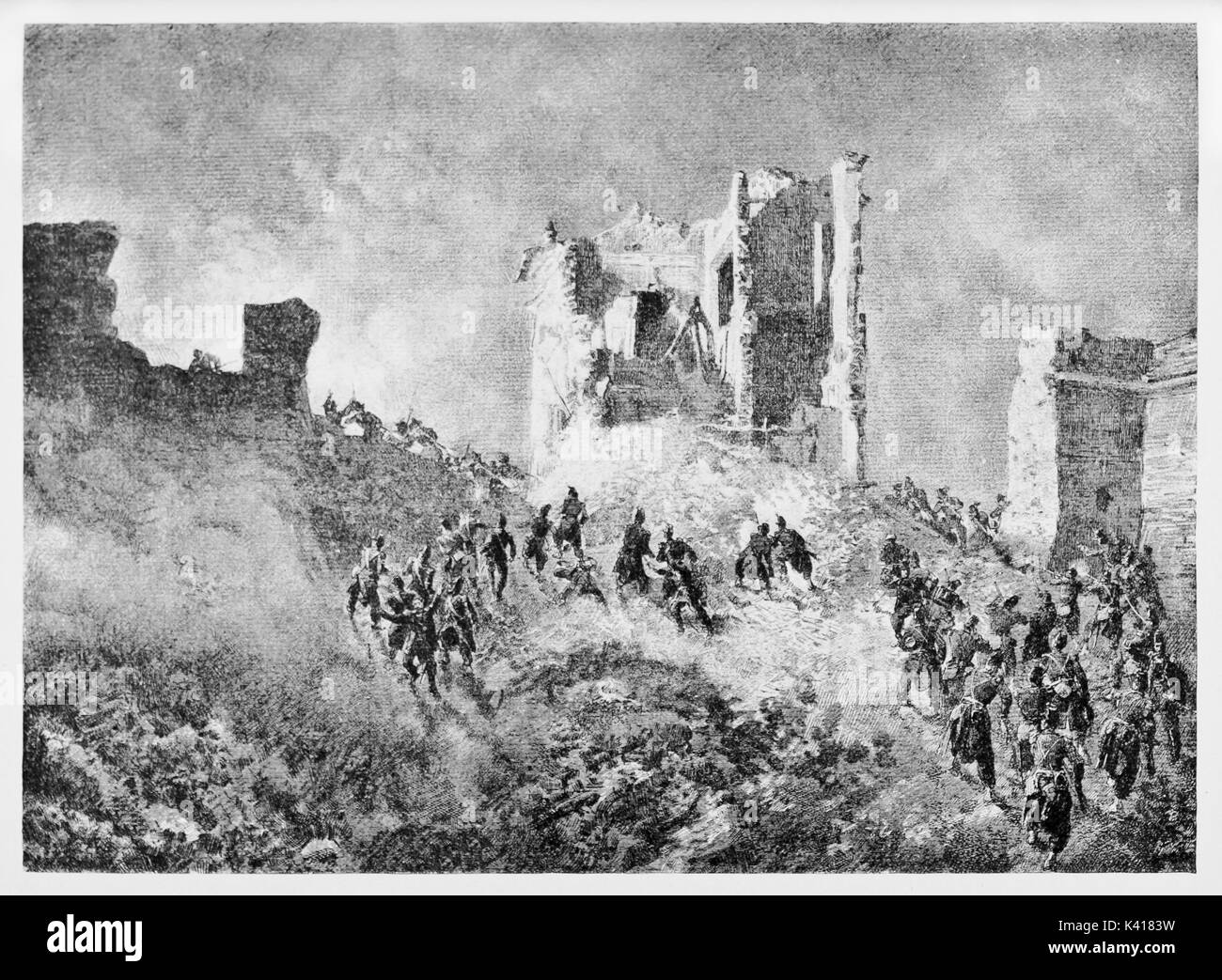 Ancient battle between ruins and smoke. Breach on Rome walls in 1849 (June 29 - 30 French troops assaulting Roman Republic). By E. Matania published on Garibaldi e i Suoi Tempi Milan Italy 1884 Stock Photo