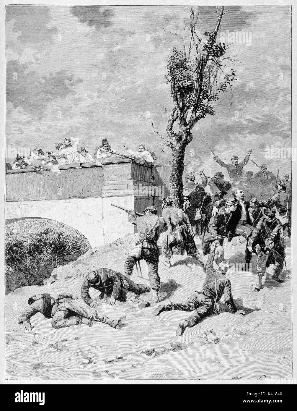 Ancient armys shooting each other close to a bridge where Narciso Bronzetti (1821 - 1859) will find the death. By E. Matania published on Garibaldi e i Suoi Tempi Milan Italy 1884 Stock Photo
