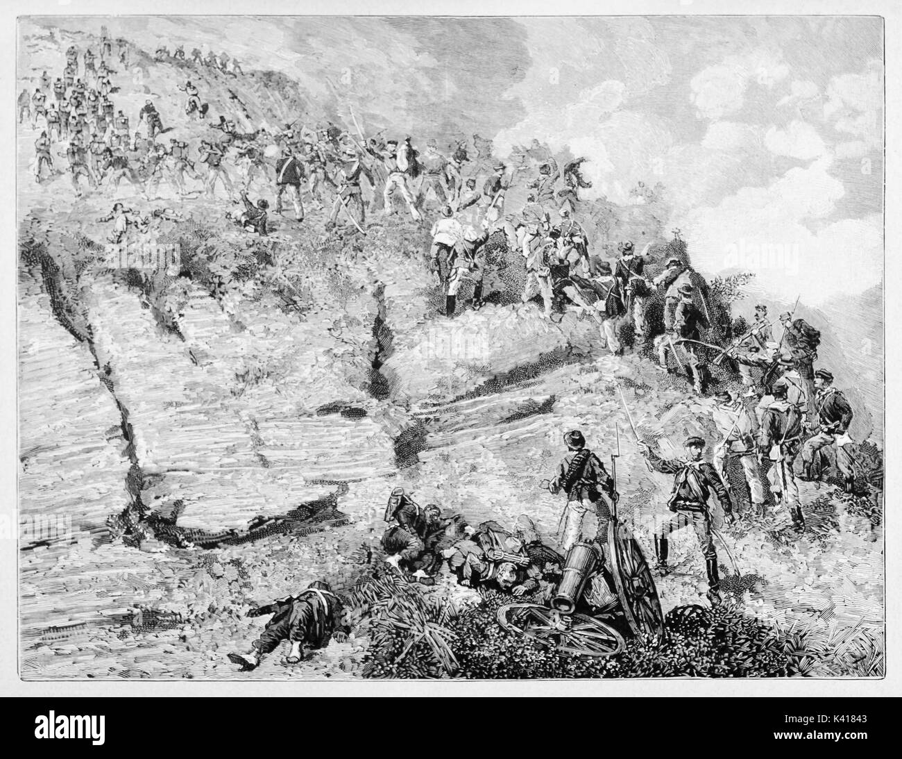 Ancient battle with bayonets, swords and cannons in a rocky and smoky battlefield near Calatafimi. The Thousand of Garibaldi against the Bourbon army. By E. Matania,1884 Stock Photo