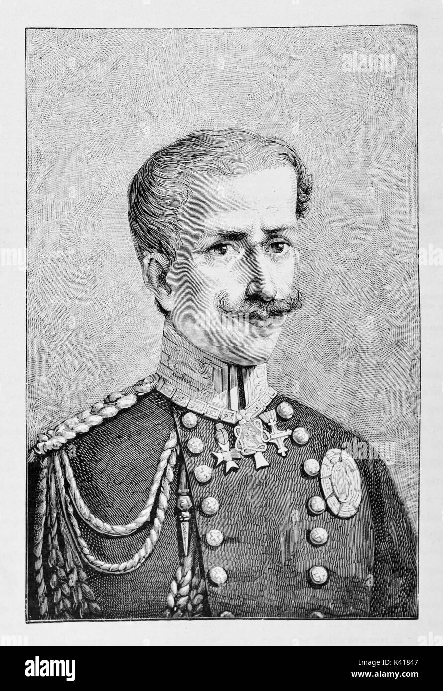 Ancient portrait of a king in uniform rich of medals and militar decorations. Charles Albert of Sardinia (1798 - 1849) King of Piedmont-Sardinia. By E. Matania, Italy 1884 Stock Photo