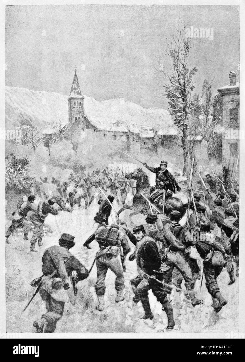 Ancient battle in a small town close to snowed mountains. Chatillon attack in 1870 by troops led by Garibaldi. By E. Matania published on Garibaldi e i Suoi Tempi Milan Italy 1884 Stock Photo