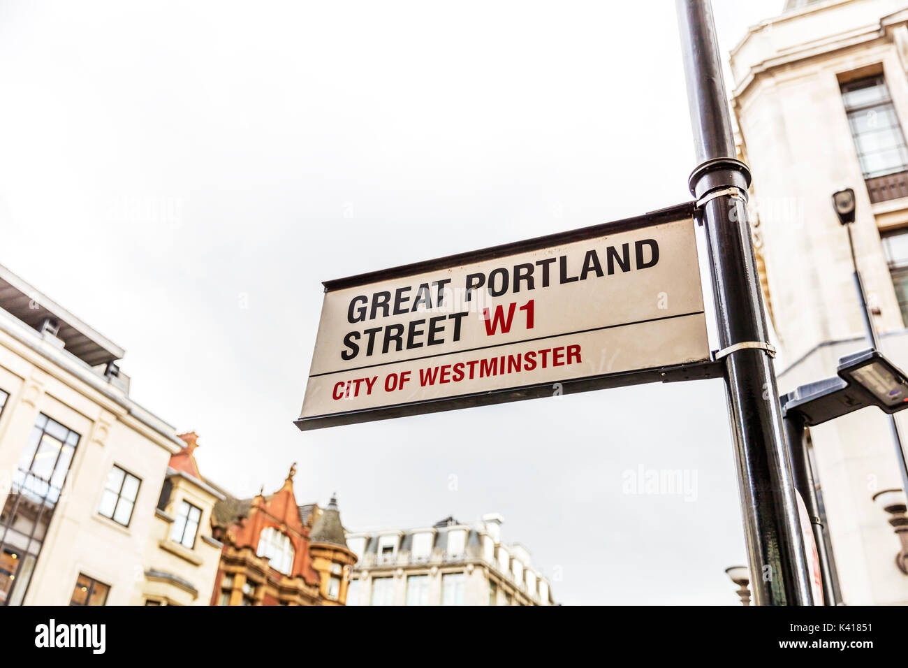 Great Portland Street sign, Great Portland street London, London W1, London road sign, city of Westminster, London streets, sign, signs, Stock Photo