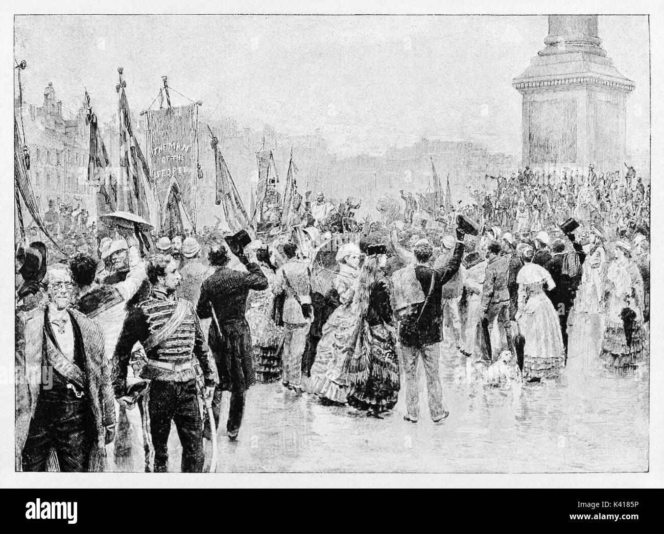 Crowd of ancient people displayed in back view greets Garibaldi solemn entrance in London. By E. Matania published on Garibaldi e i Suoi Tempi Milan Italy 1884 Stock Photo