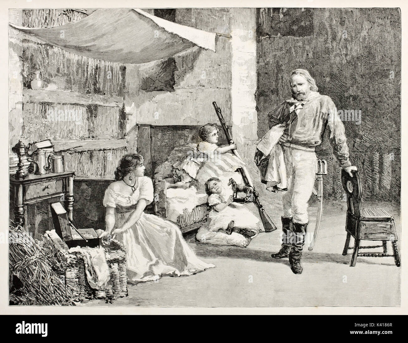 Giuseppe Garibaldi with his family in their home. Children are on the bed playing while his wife is seated. By E. Matania published on Garibaldi e i Suoi Tempi Milan Italy1884Garibaldi family Stock Photo