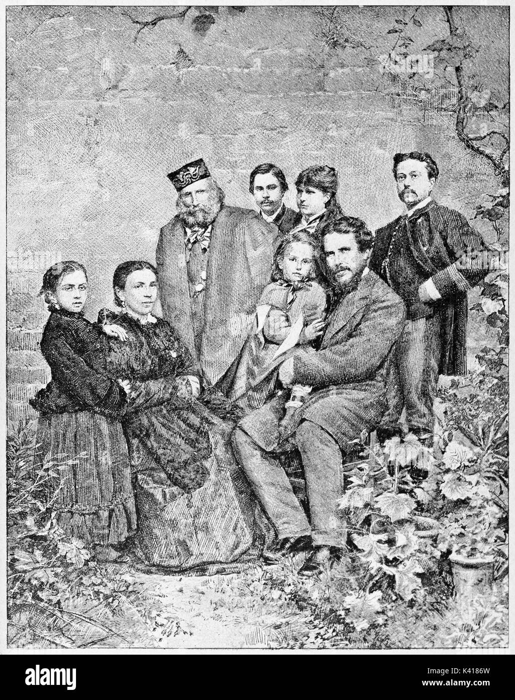 Garibaldi family. Giuseppe Garibaldi with his sons and his wife in a floreal context. By E. Matania published on Garibaldi e i Suoi Tempi Milan Italy 1884 Stock Photo