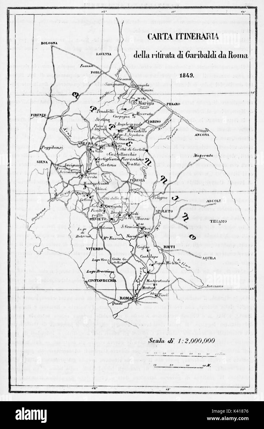 Old itinerary map of Garibaldi retreat from Rome. By E. Matania published on Garibaldi e i Suoi Tempi Milan Italy 1884 Stock Photo