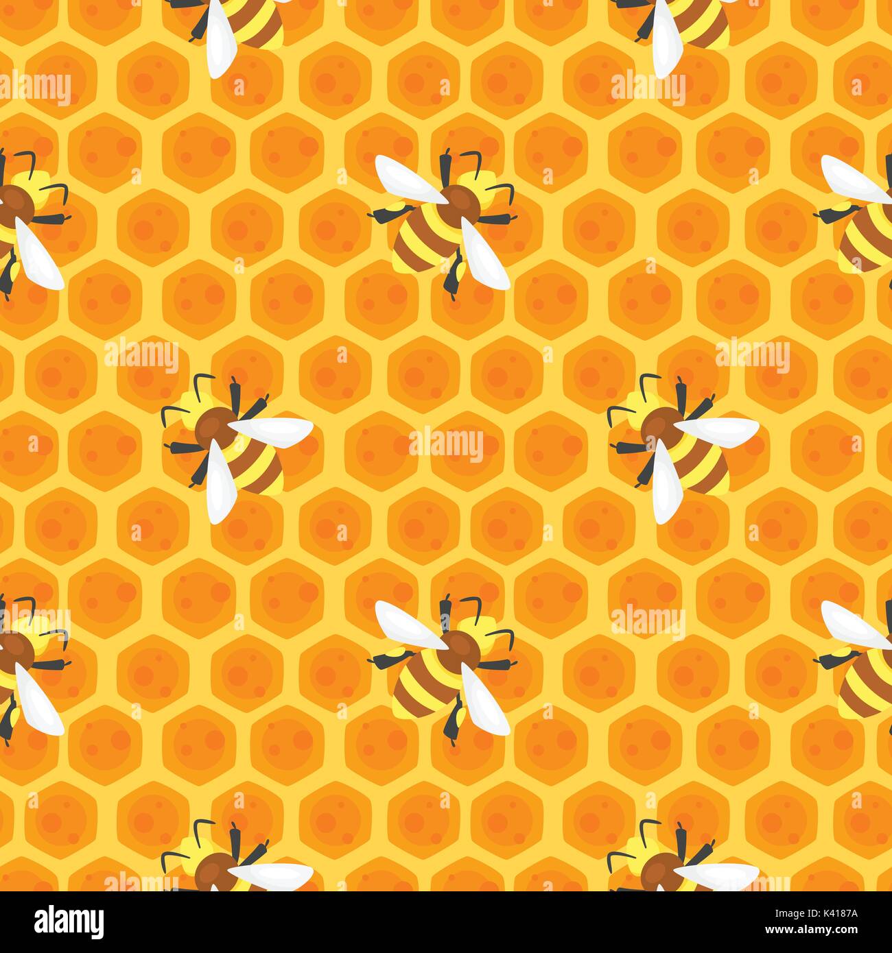Vector cartoon style seamless pattern with bees on honey combs. Stock Vector
