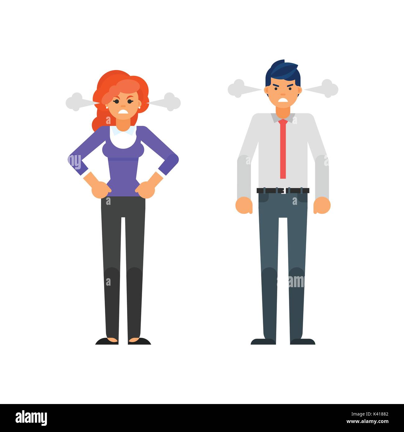 Vector flat style illustration of angry businessman and businesswoman characters with a steam coming out from their ears. Isolated on white background Stock Vector
