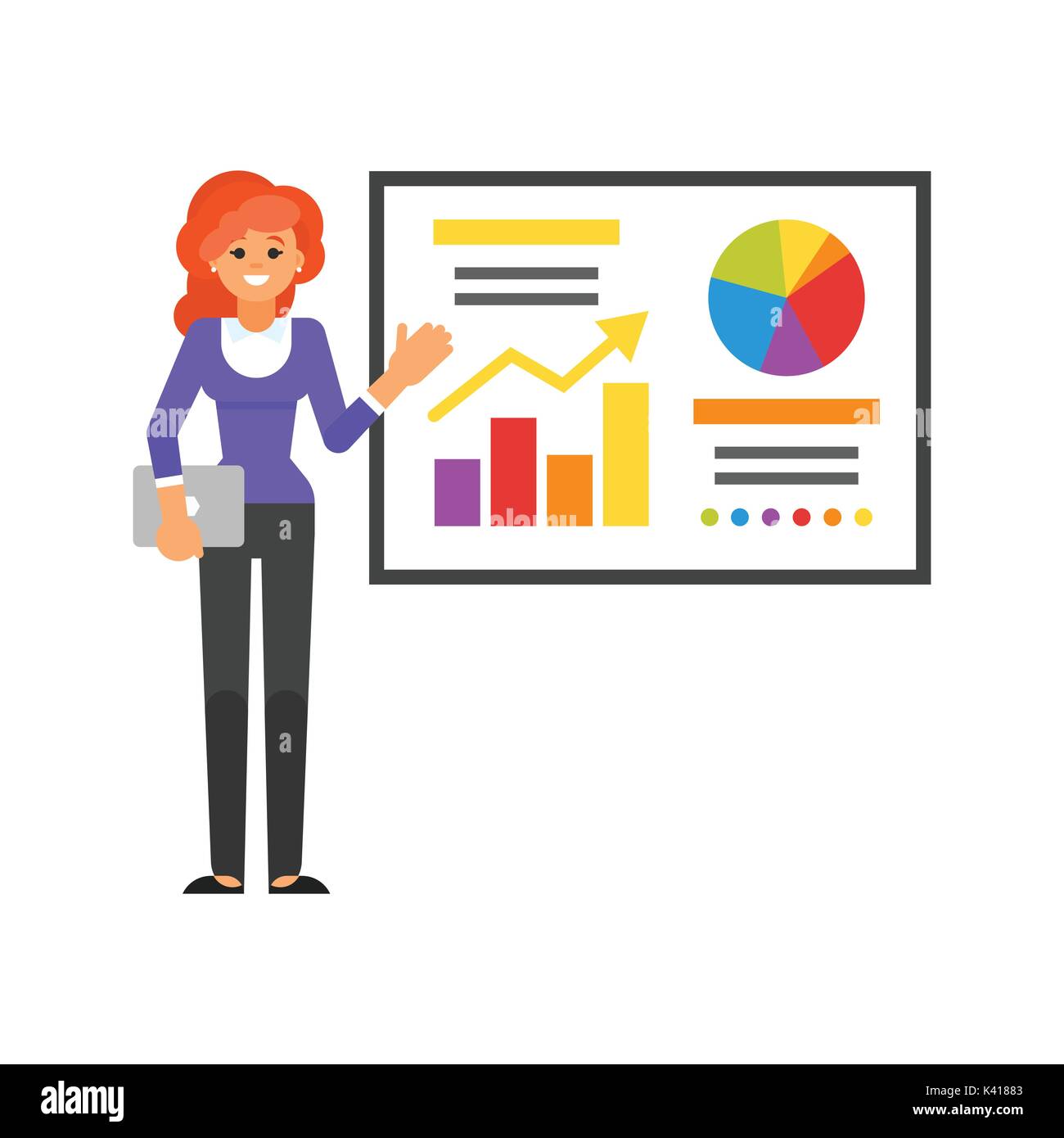 Vector flat style illustration of happy businesswoman showing infographic of business growth. Man pointing on the graph and diagram. Isolated on white Stock Vector