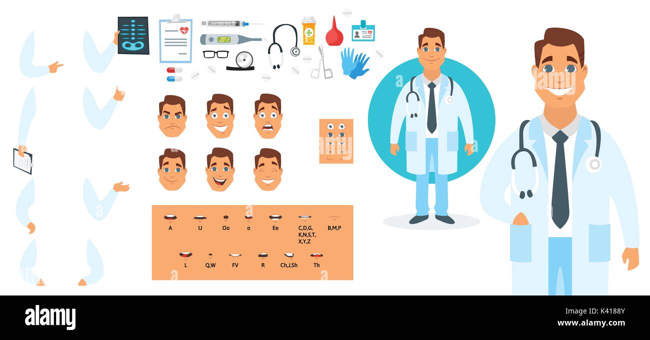 Vector cartoon style man doctor character generator. Different  emotions,mouth positions and hand gestures. Medical icons. Isolated on  white background Stock Vector Image & Art - Alamy