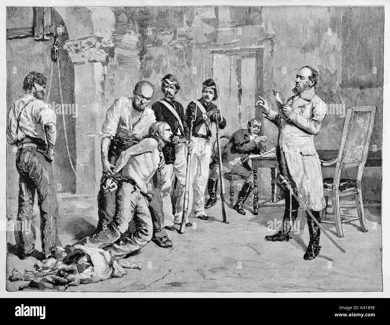 Garibaldi prisoner and tortured spitting in the face of Gualeguay commander Argentina. Indoor context By E. Matania published on Garibaldi e i Suoi Tempi Milan Italy 1884 Stock Photo