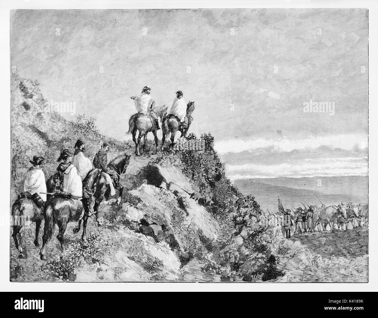 Ancient soldiers in back view climbing a hill on horse on a sunset context. Garibaldi retreat on Monte Luna leaving Rome. By E. Matania published on Garibaldi e i Suoi Tempi Milan Italy 1884 Stock Photo