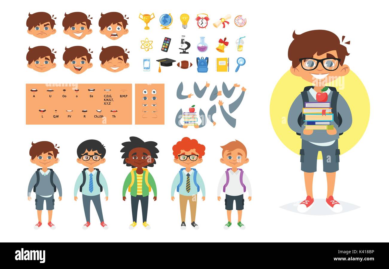 Vector cartoon style school boy character generator. Different emotions,  mouth positions and hand gestures. School icons. Isolated on white  background Stock Vector Image & Art - Alamy