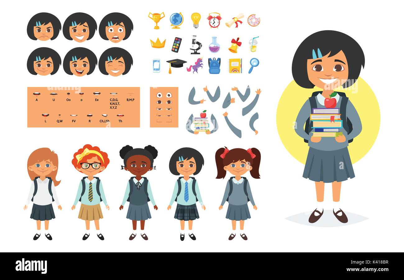 Vector cartoon style school girl character generator. Different emotions, mouth positions and hand gestures. School icons. Isolated on white backgroun Stock Vector Image & Art - Alamy Vector cartoon style school girl character generator. Different emotions, mouth positions and hand gestures. School icons. Isolated on white backgroun Stock Vector Image & Art - Alamy