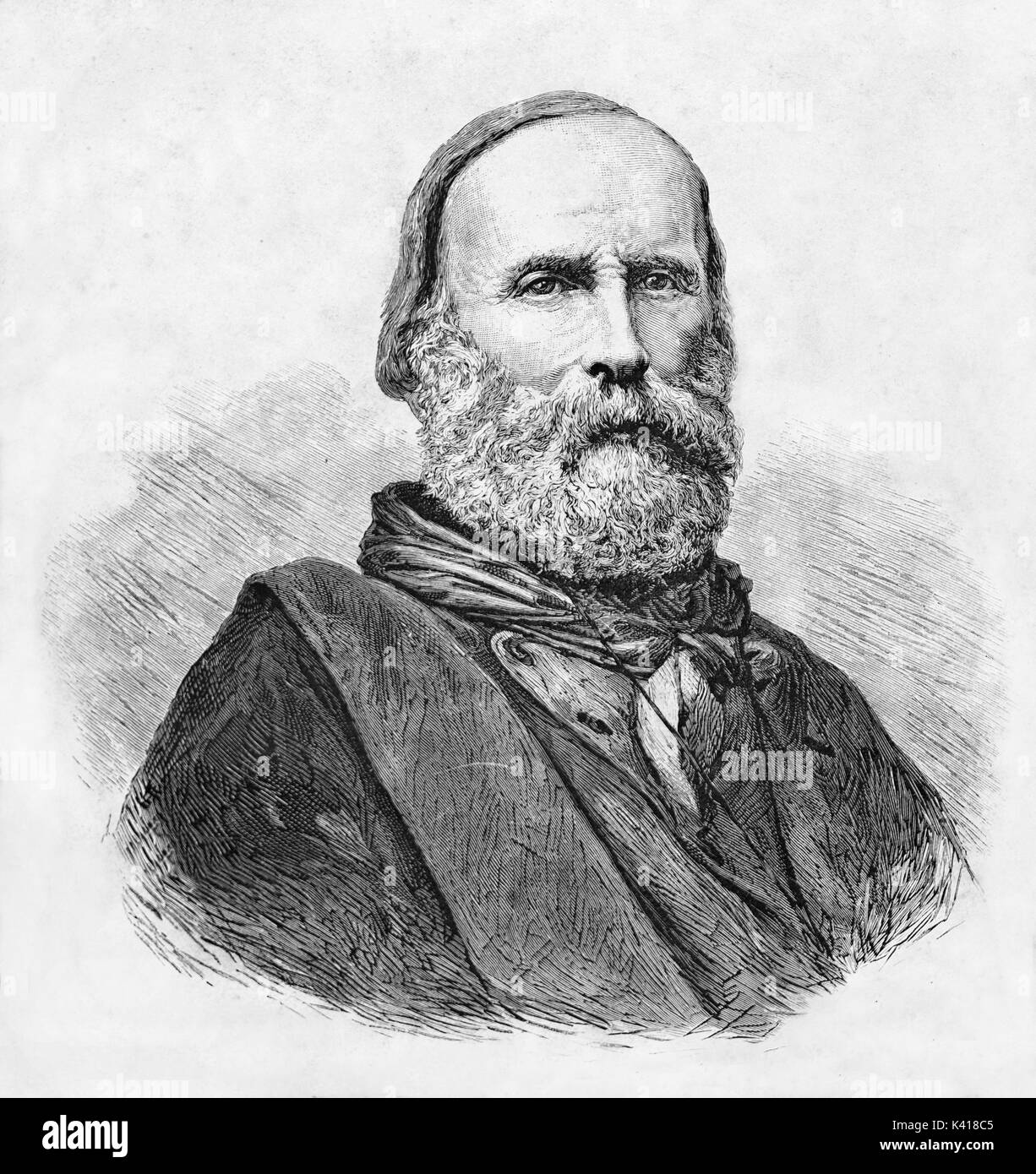 Ancient Giuseppe Garibaldi bust portrait (1807 - 1882) Italian father of the fatherland, posing solemnly. By E. Matania published on Garibaldi e i Suoi Tempi Milan Italy 1884 Stock Photo