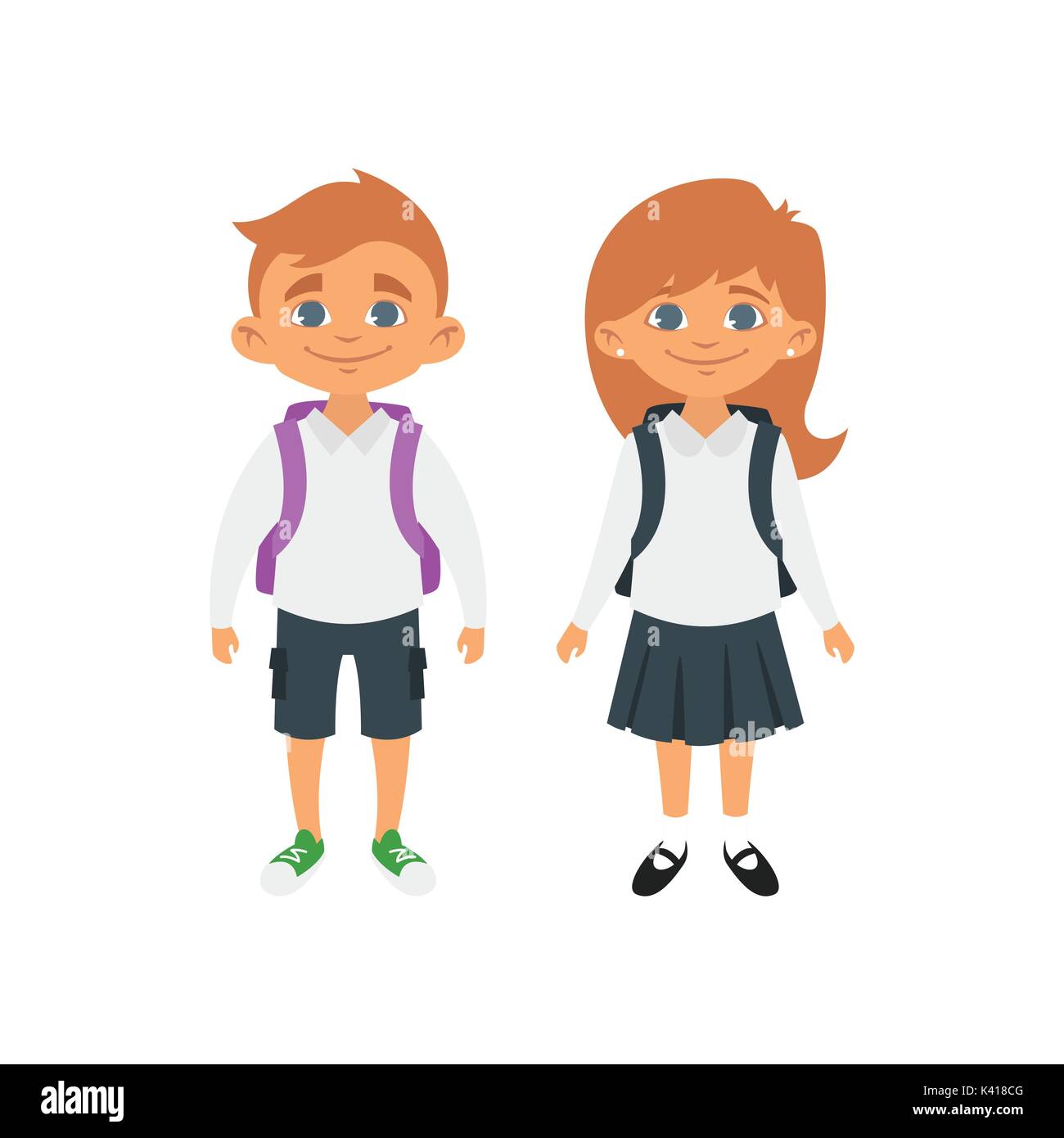 Vector cartoon style school characters: blond hair boy and girl in school uniform. Isolated on white background. Stock Vector