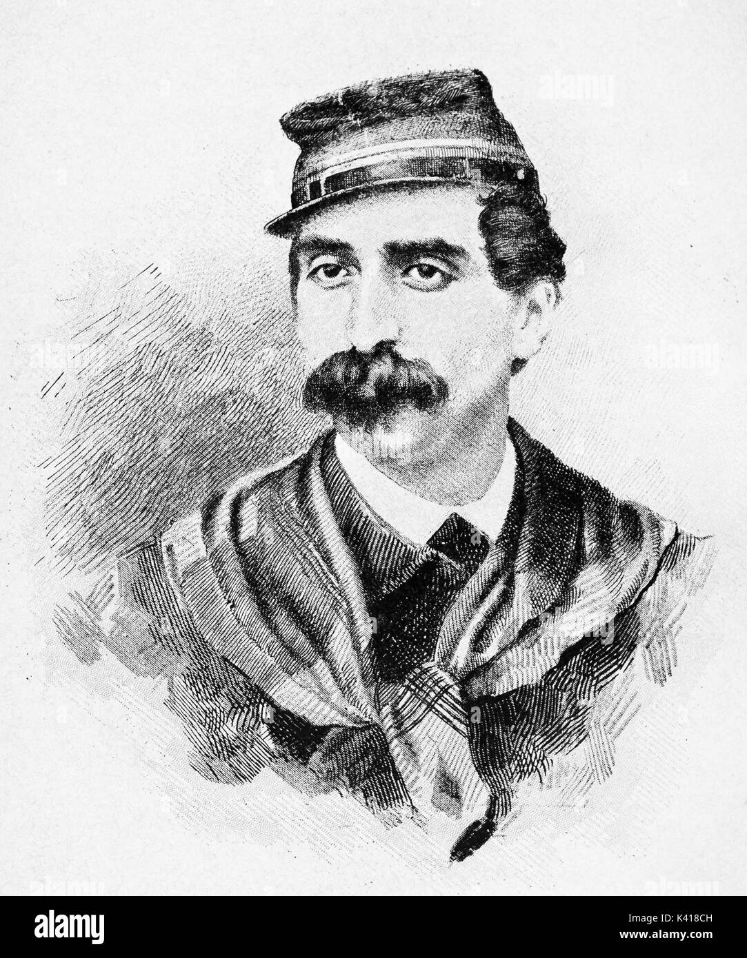 Old engraved closeup portrait of an ancient man with strong moustaches and a soldier hat. Giuseppe Guerzoni (1835 - 1886). By E. Matania published on Garibaldi e i Suoi Tempi Milan Italy 1884 Stock Photo
