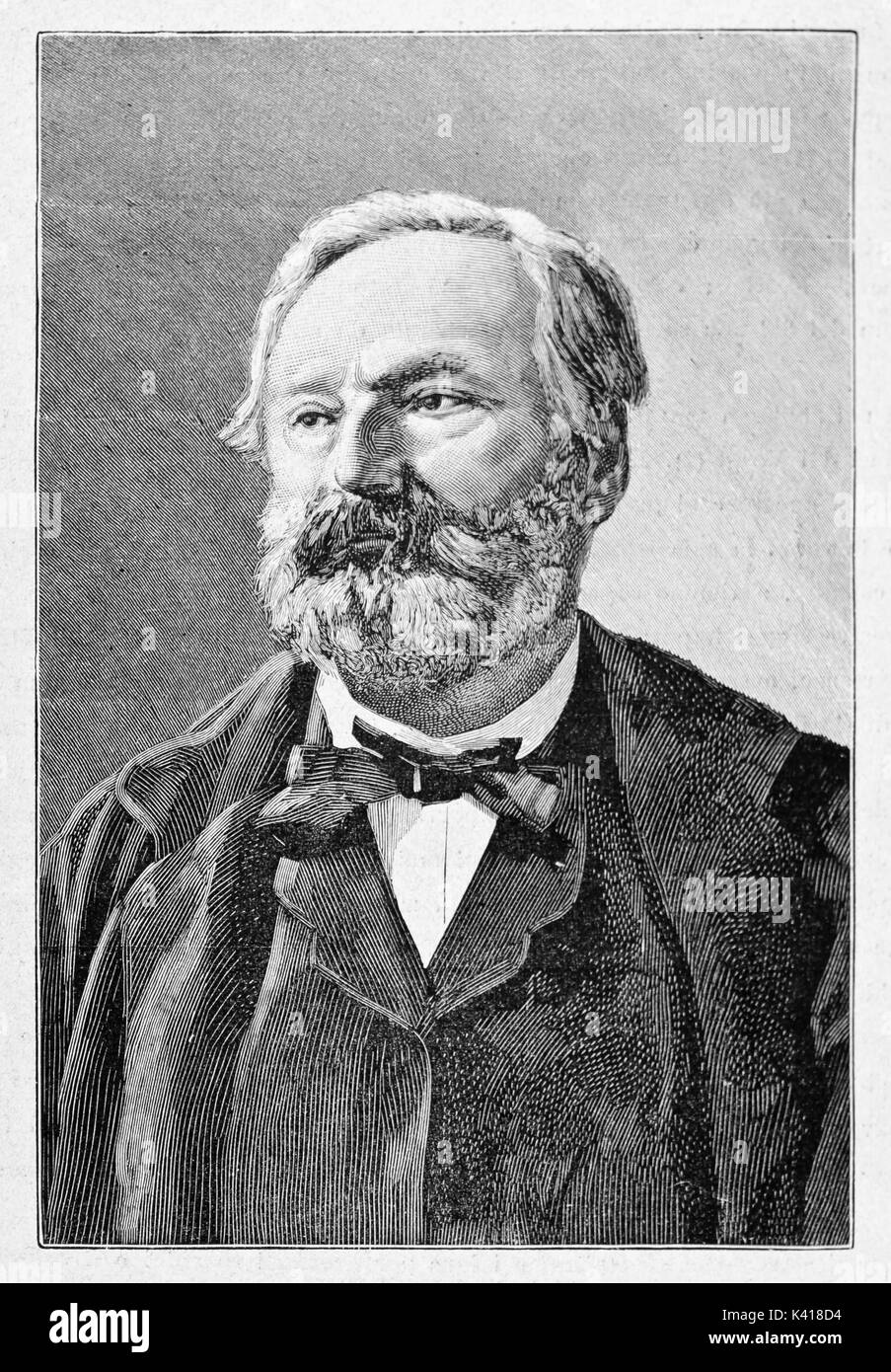 Old bust engraved portrait of Victor Hugo (1802 - 1885) in elegant ancient clothes. French poet dramatist and novelist. By E. Matania published on Garibaldi e i Suoi Tempi Milan Italy 1884 Stock Photo