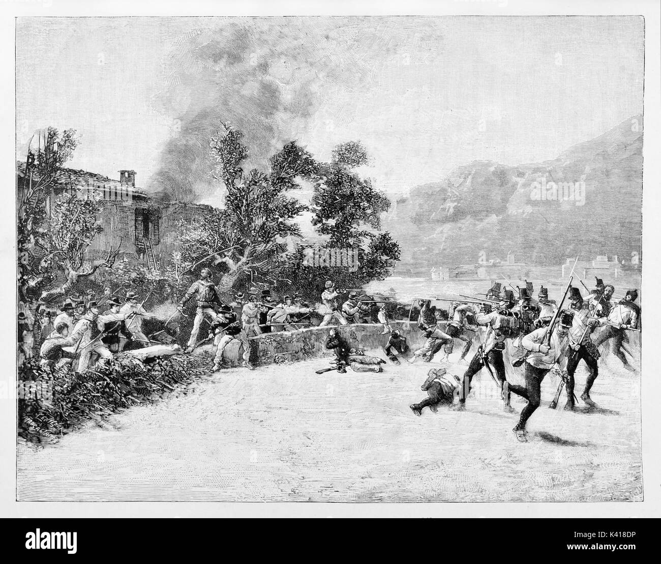 Ancient troops defending a house from the attack of a opposite army using rifles and swords. Luino battle, Italy. By E. Matania published on Garibaldi e i Suoi Tempi Milan Italy 1884 Stock Photo