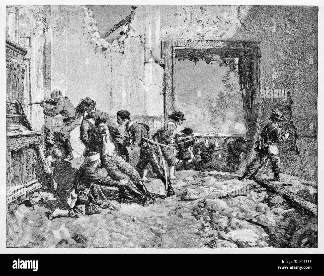 Man mortally wounded during an ancient fight in a ruined room. Italian patriot Luciano Manara supported by allies soldiers in Rome 1849. By E. Matania on Garibaldi e i Suoi Tempi Milan Italy 1884 Stock Photo