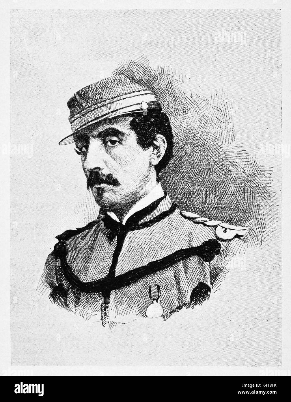 Ancient portrait of a general in his uniform, moustaches and militar hat. Giuseppe Missori (1829 - 1911). By E. Matania after photo of A. Pavia on Garibaldi e i Suoi Tempi Milan Italy 1884 Stock Photo