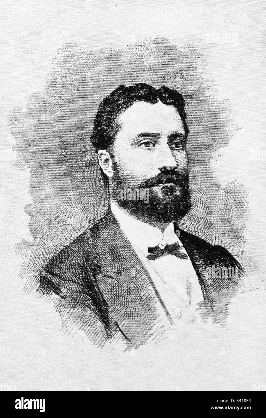 Portrait of an ancient elegant young man with a black beard and a bow tie. Giovanni Nicotera (1828 - 1894) Italian patriot and statesman. By E. Matania on Garibaldi e i Suoi Tempi Milan Italy 1884 Stock Photo