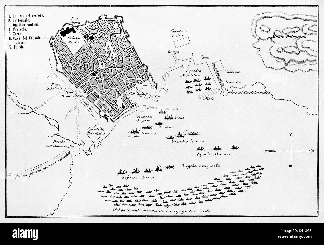 Old map of Palermo and surroundings in may 1860 with positions of the fleets in the gulf during insurrection.  By E. Matania published on Garibaldi e i Suoi Tempi Milan Italy 1884 Palermo insurrection map Stock Photo