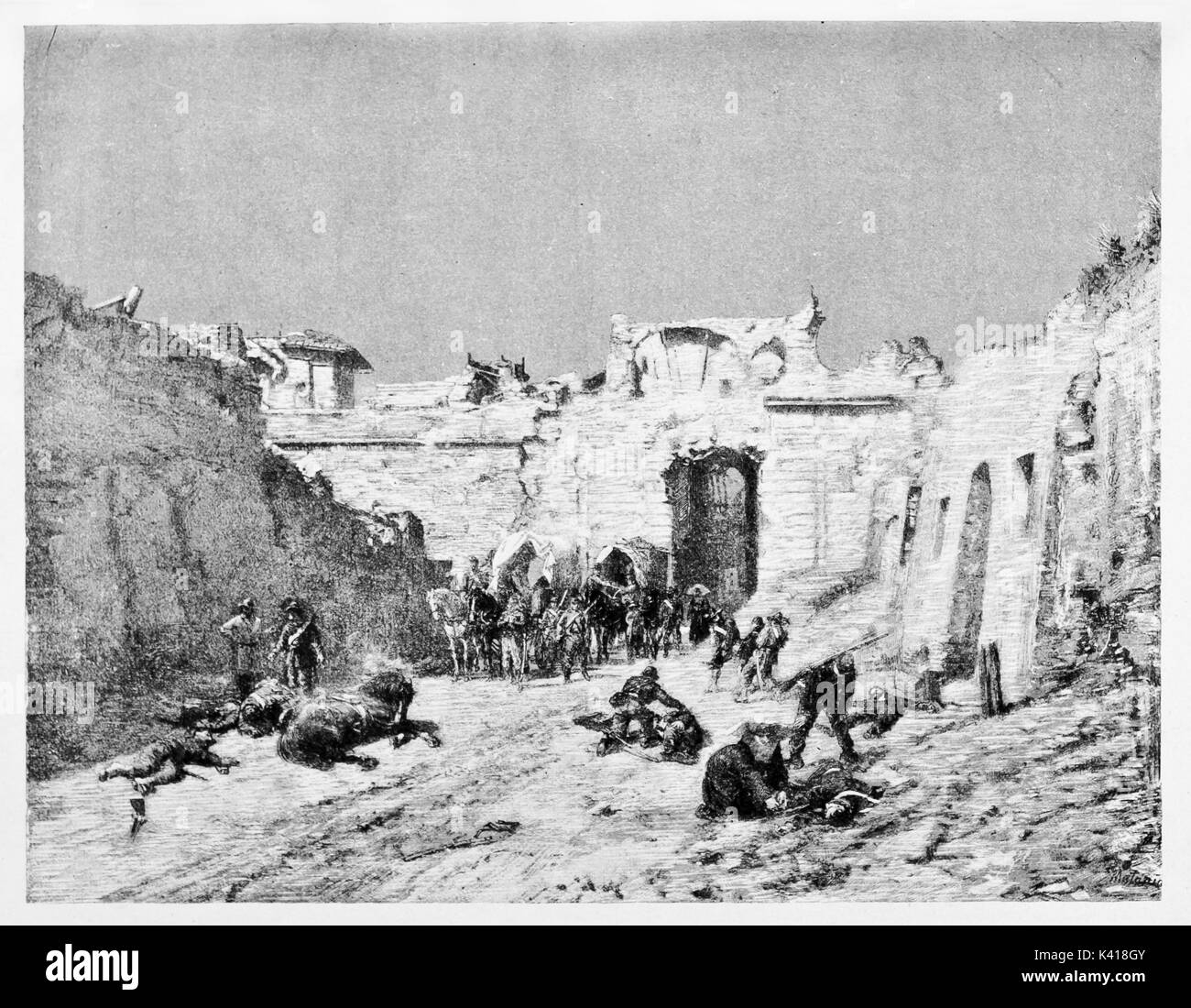 Ancient rough illustration of a city destroyed after a battle and an army walking trough the ruins and dead people. Porta San Pancrazio Rome in 1849. By Matania on Garibaldi e i Suoi Tempi Milan 1884 Stock Photo