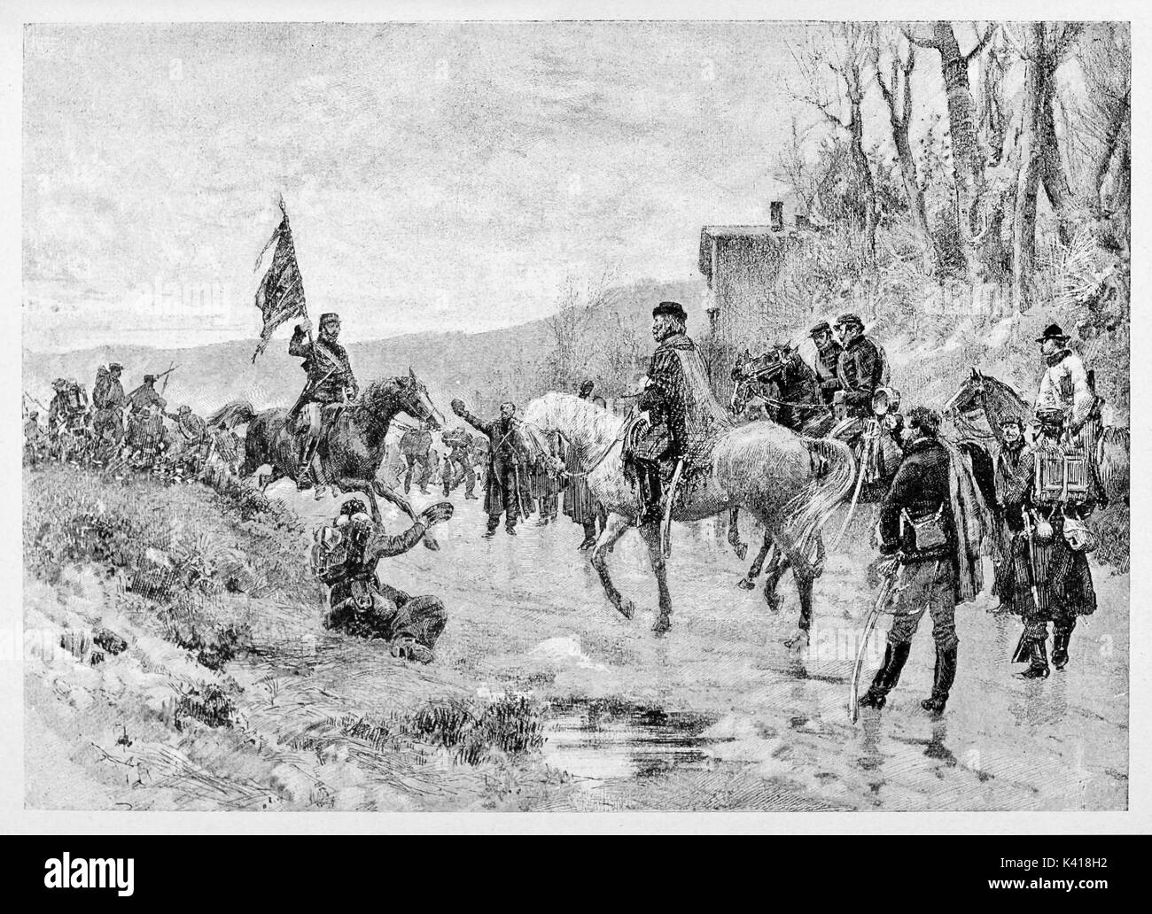 Ancient horseback officer give the enemy flag to his general on the battleground. Ricciotti Garibaldi giving prussian flag to his father. By E. Matania on Garibaldi e i Suoi Tempi Milan Italy 1884 Stock Photo