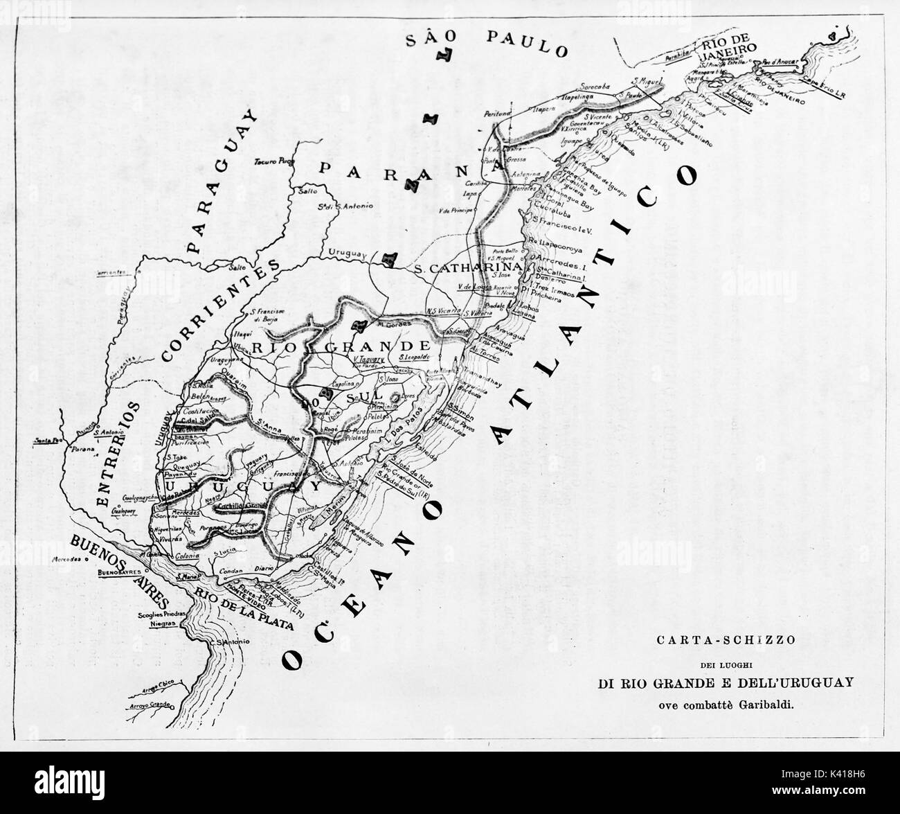 Old map of Rio Grande do Sul and Uruguay. By unidentified author published on Garibaldi e i Suoi Tempi Milan Italy1884 Stock Photo