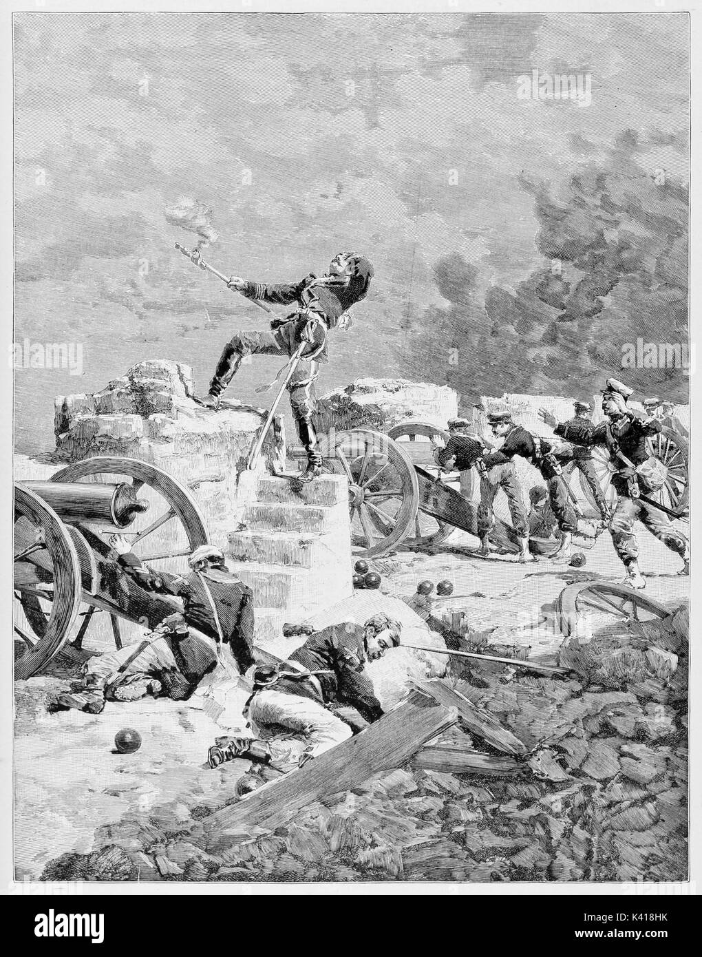 Ancient battle scene with a soldier mortally shooted while uses a cannon in trench. Italian patriot Cesare Rosaroll (1809 - 1849). By E. Matania published on Garibaldi e i Suoi Tempi Milan Italy 1884 Stock Photo