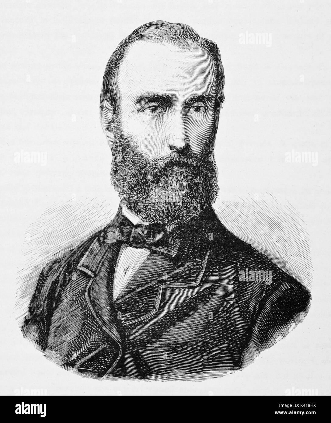 Ancient elegant man with long beard and receding hairline. Cool dressing style and tie bow. Aurelio Saffi (1819 - 1890). By E. Matania published on Garibaldi e i Suoi Tempi Milan Italy 1884 Stock Photo