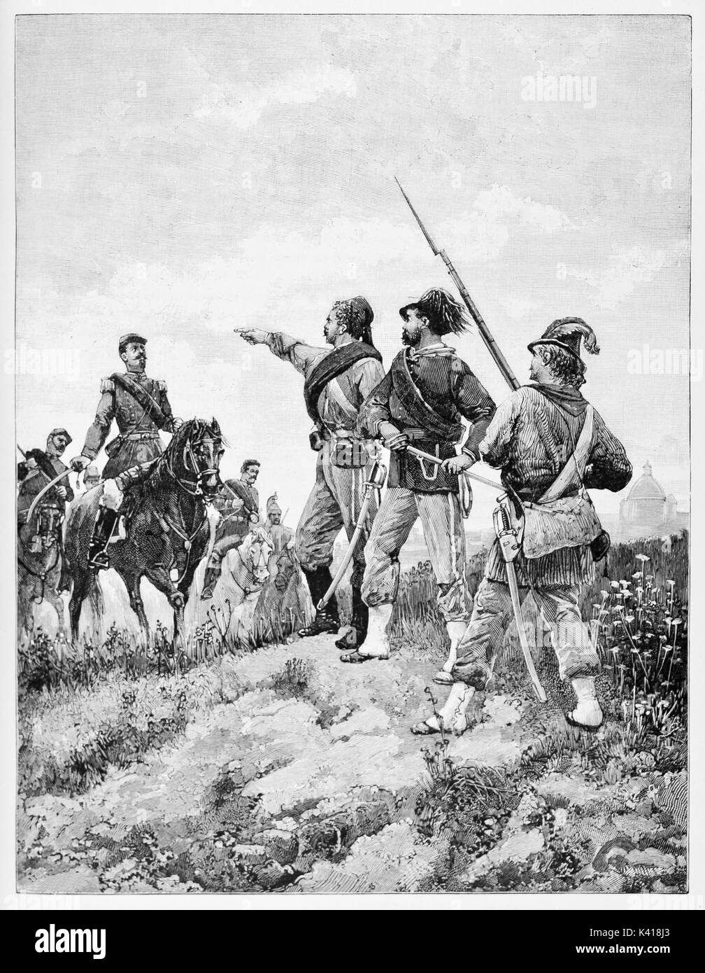 Contrast between ancient french and Italian soldiers in their traditional uniforms on a countryside near Rome in 1849. By E. Matania published on Garibaldi e i Suoi Tempi Milan Italy 1884 Stock Photo