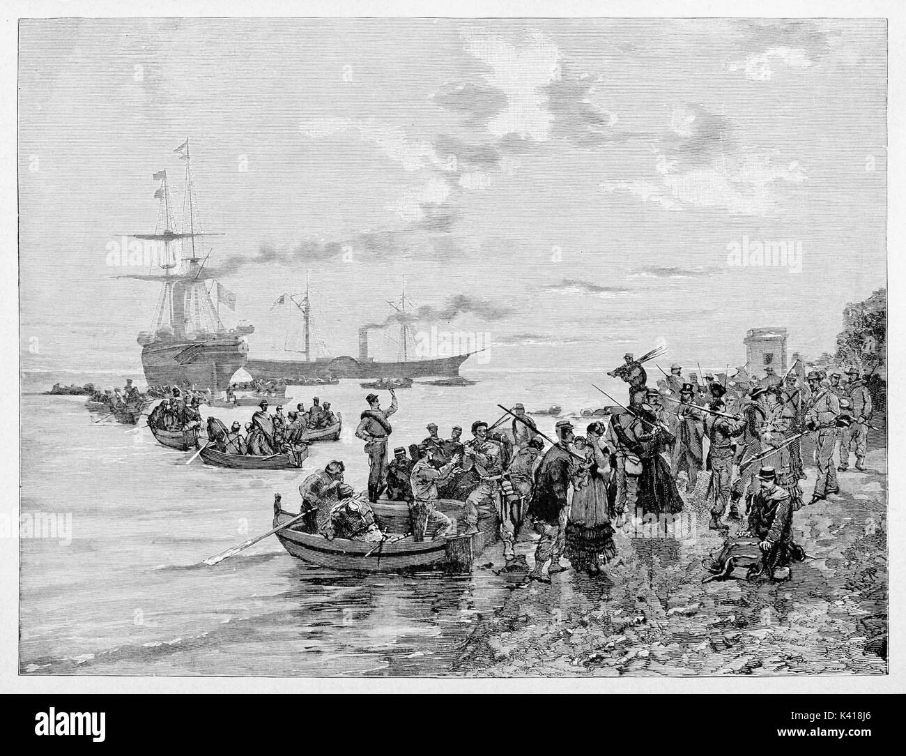 Ancient troops boarding on the vessels saying goodbye to their families in an little harbor. The Thousands beginning boarding in Quarto. By E. Matania on Garibaldi e i Suoi Tempi Milan Italy 1884 Stock Photo