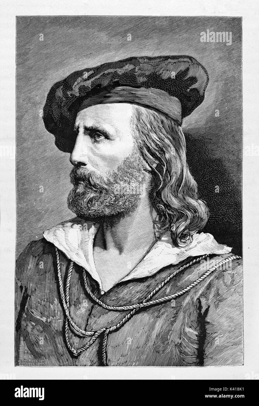 Ancient bust profile portrait of young Giuseppe Garibaldi dressed in ancient clothes with a hat. Typical long beard and hairs. By E. Matania published on Garibaldi e i Suoi Tempi Milan Italy 1884 Stock Photo
