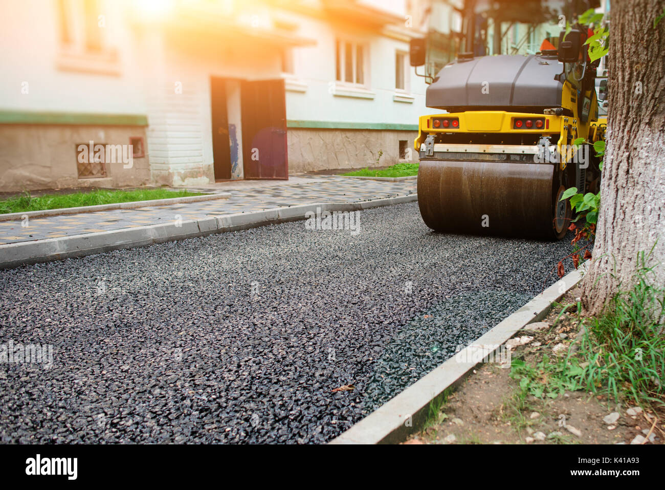 Background of asphalt roller that stack and press hot asphalt. Road