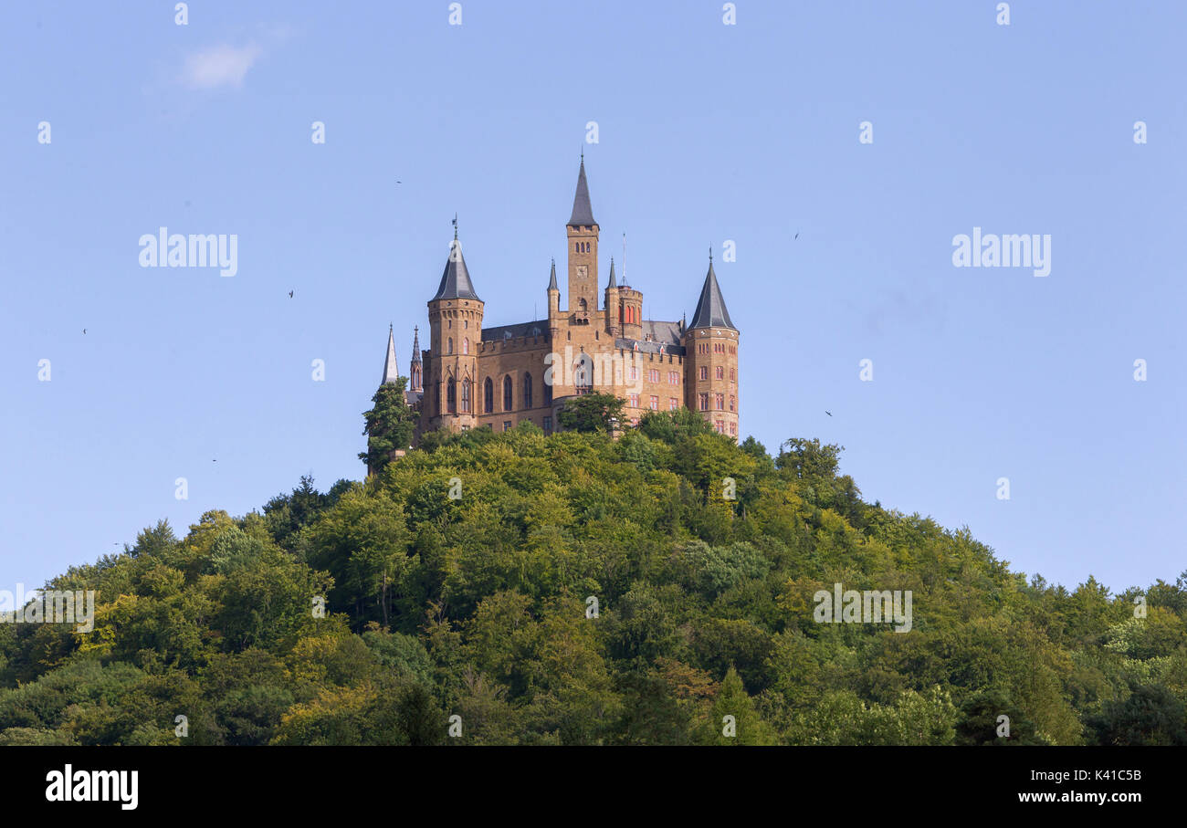 Aerial view of famous Hohenzollern Castle, ancestral seat of the imperial House of Hohenzollern and one of Europe's most visited castles, Baden-Wurtte Stock Photo