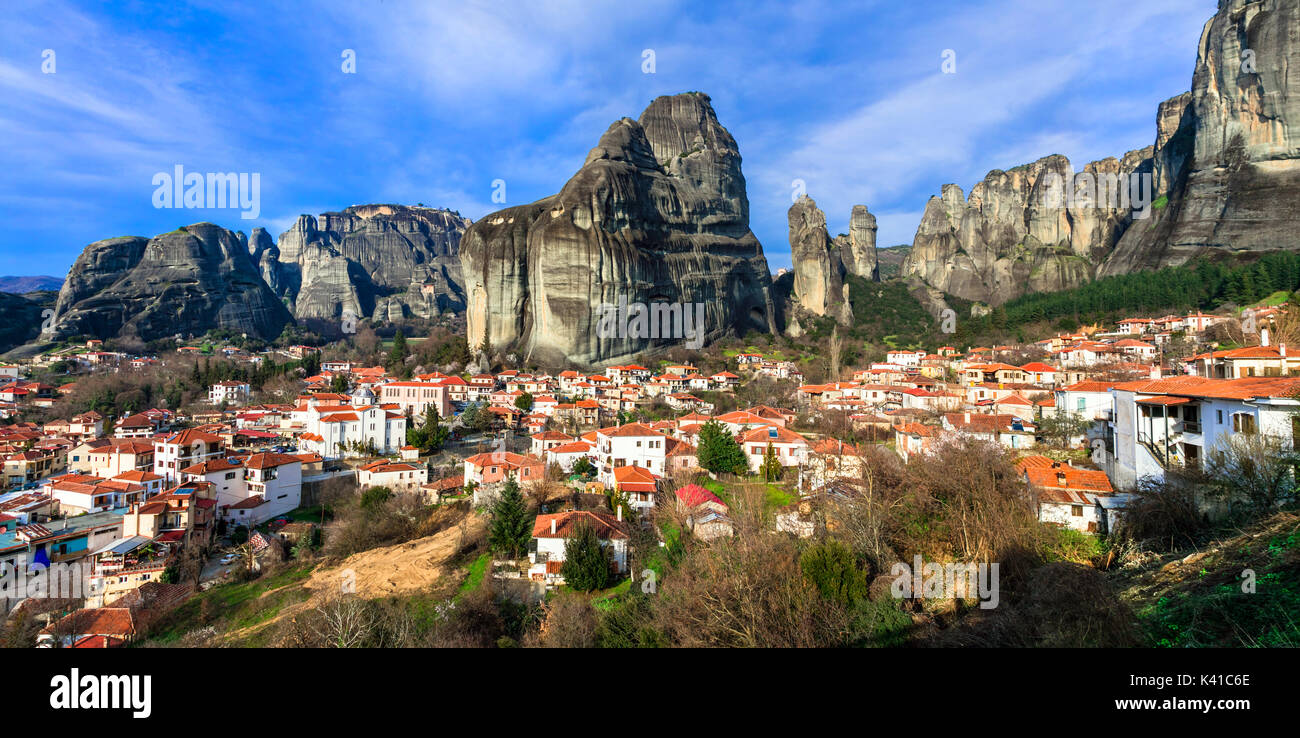 Impressive Kalambaka village and monasteries,Greece. Stock Photo