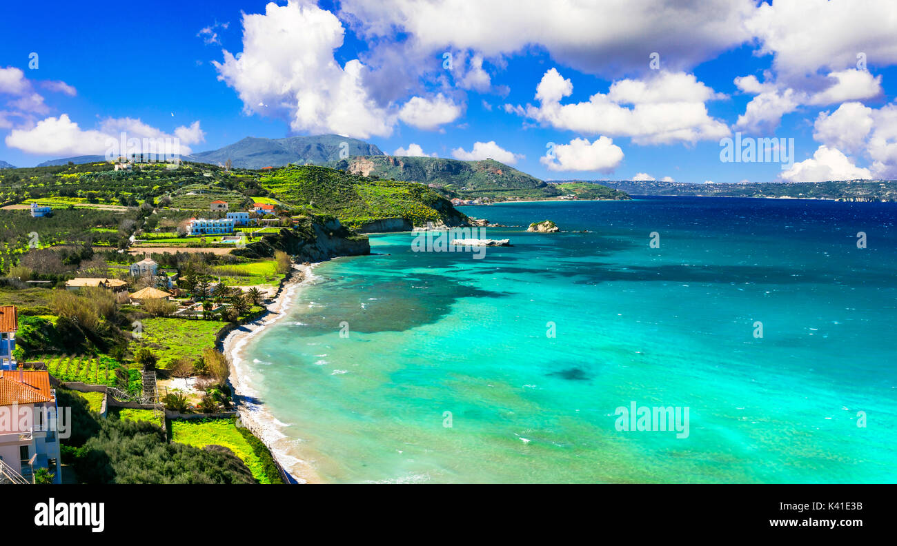 Beautiful Crete island. View of Almyrida bay with turquoise sea. Greek holidays Stock Photo